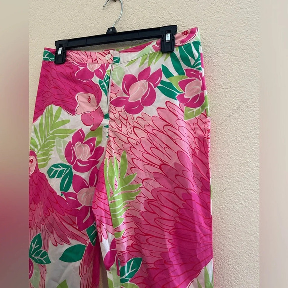 Vintage Lilly Pulitzer Ports Of Caw Wide Leg Pant Pink/Green Parrot Floral Sz 4 - Picture 3 of 9
